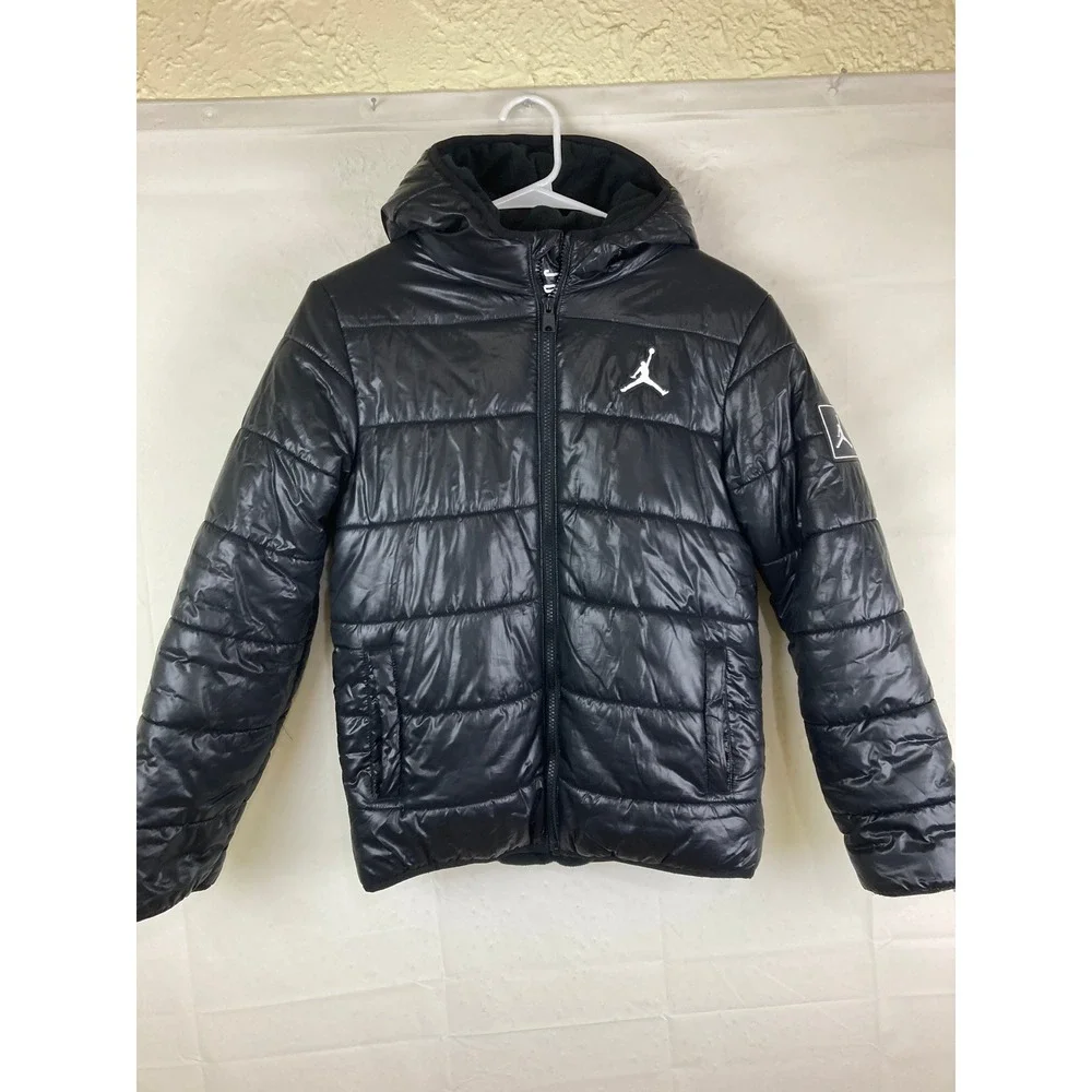 Jordan Puffer Jacket Boys L 12-13Y Black Fleece Lined Hooded Winter School Warm